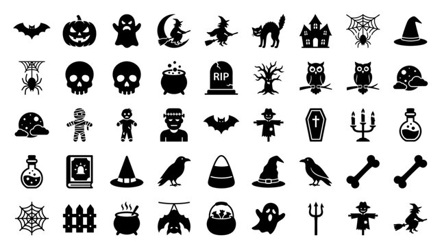 Collection of Black Silhouette Icons Featuring Various Spooky Symbols for Halloween Holiday Celebration Projects