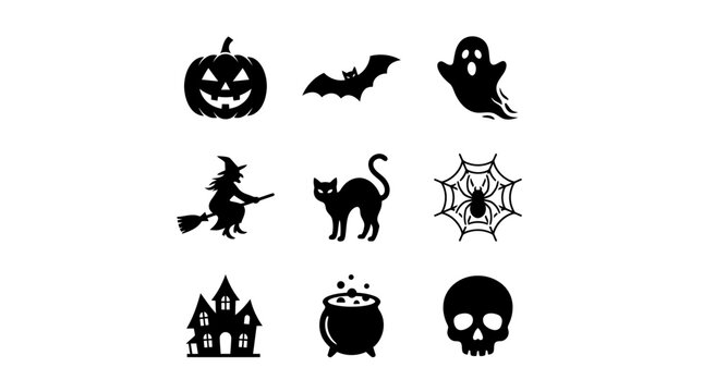 Set of black Halloween silhouette icons including pumpkin, bat, ghost, witch, cat, spider web, haunted house, cauldron, and skull