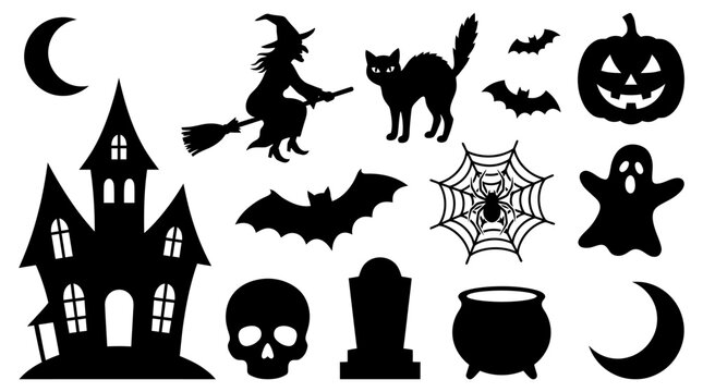 Black Silhouettes Set Featuring Classic Halloween Symbols Including Haunted Houses Witch Cats Bats And Spooky Skulls For Festive Decor Projects