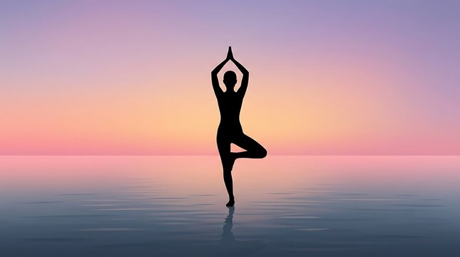 Silhouette of a Woman Performing Yoga Tree Pose at Sunrise Over Calm Water.