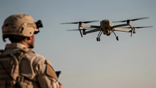 Soldier operating a reconnaissance drone in clear sky during military mission surveillance