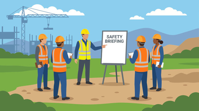 Workers in Reflective Vests Conducting Safety Briefing Outdoors