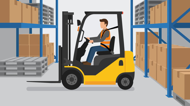Forklift Operator Wearing Seatbelt in Warehouse Aisle