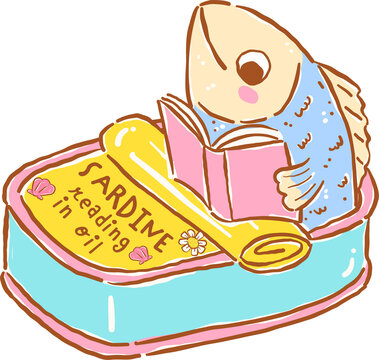 Summer Reading Sea Animals Bookish, Cute Sardine Reading in Oil Can Cartoon Hand Drawn