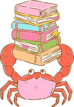 Summer reading sea animals bookish, Cute Crab Holding Stack of Books Illustration Hand Drawn
