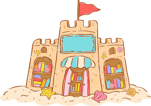 Summer reading sea animals bookish, Sandcastle Library Illustration Hand Drawn
