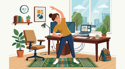 Obraz premium 2D Flat Vector Woman doing stretching exercises at home office desk with laptop and plants