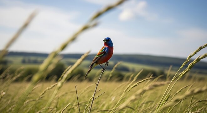 Painted bunting bird perched on a stalk in a grassy field