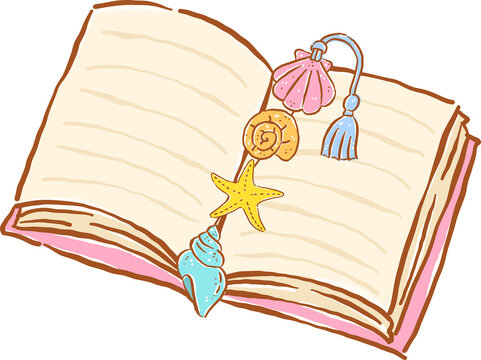 Summer Reading Bookish, Open Book With Seashell Bookmark Illustration Cartoon Hand Drawn