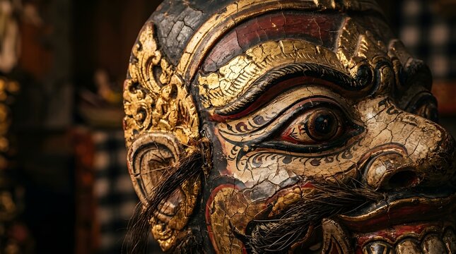 Traditional Balinese Topeng mask with painted lacquer surface used in musical instrument performances