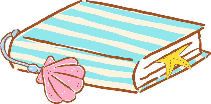 Summer Reading Bookish, Blue Striped Book with Seashell Charm Illustration Cartoon Hand Drawn