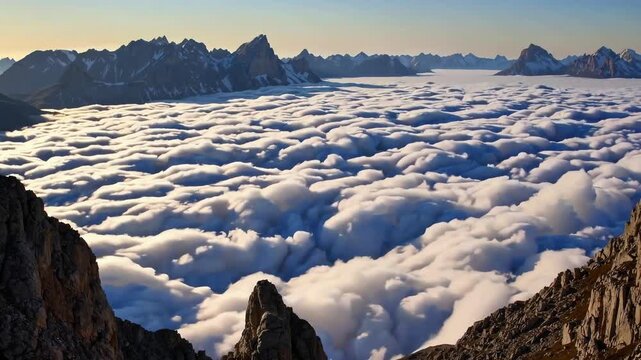 Rising above endless white fluffy clouds rocky sharp mountain peaks catching soft evening sunset daylight presenting cold winter arctic landscape view filled with freedom and serenity spirit