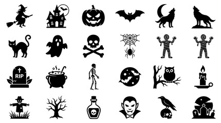 Fototapeta premium Diverse collection of spooky Halloween-themed silhouette icons perfect for festive season designs, graphic assets, and holiday digital content