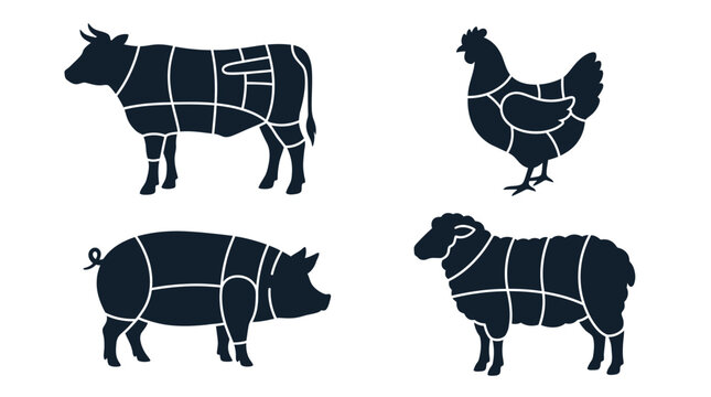 Silhouettes of farm animals showing various cuts of fresh meat