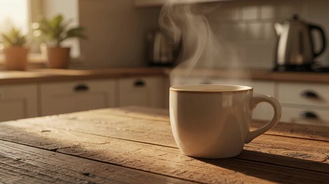 Steaming cup of coffee on rustic wooden table in cozy sunlit kitchen morning scene