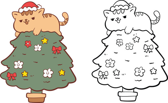 Cute Christmas Cat on Tree Vector Clipart Set, Color and Outline