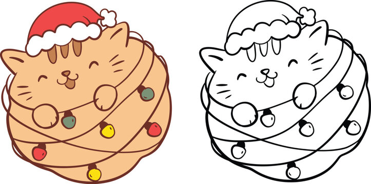Christmas Cat Wrapped in Lights Vector Clipart Set, Color and Outline