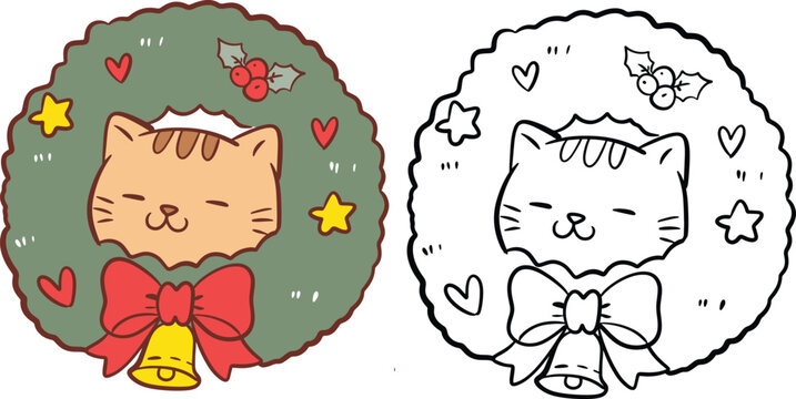 Christmas Cat in Wreath Vector Clipart Set, Color and Outline