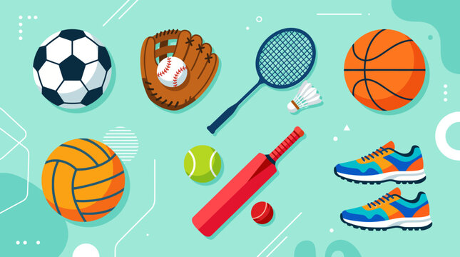 Set of various sports equipment icons including balls rackets and shoes