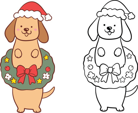 Christmas Dachshund in Wreath Vector Clipart Set, Color and Outline