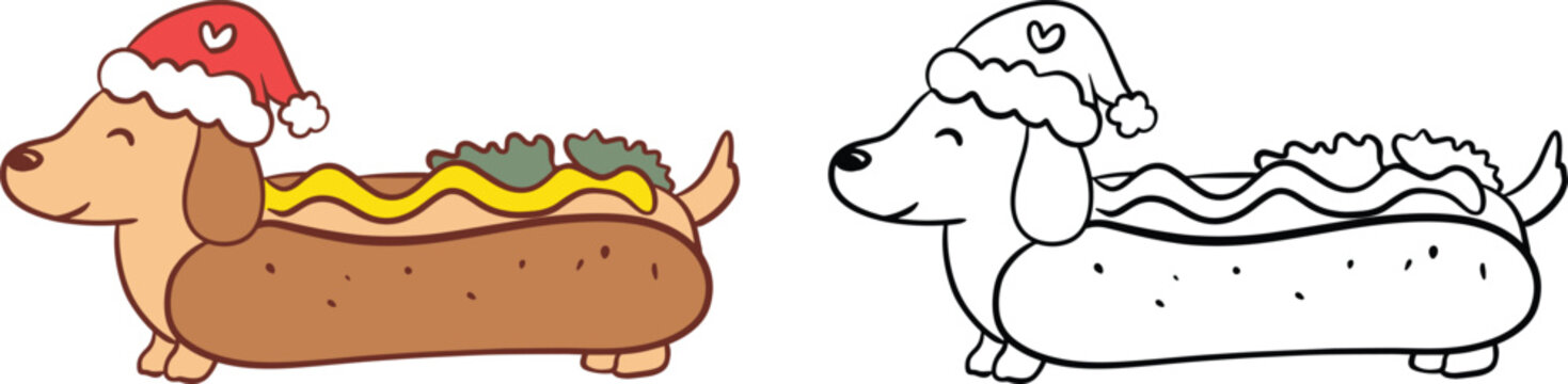 Hot Dog Dachshund Christmas Vector Clipart Set, Color and Outline