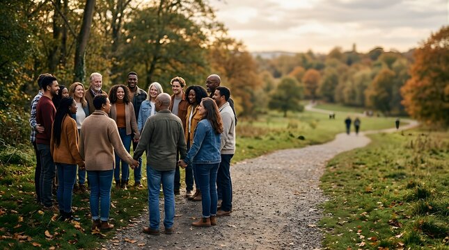 Diverse group of friends holding hands in a circle at an autumn park