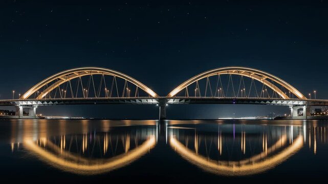 Stunning modern arch bridge glowing with golden lights reflecting over water at night cityscape