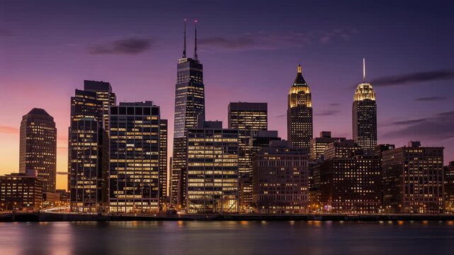 Stunning nighttime cityscape with illuminated skyscrapers reflecting on calm water in urban setting