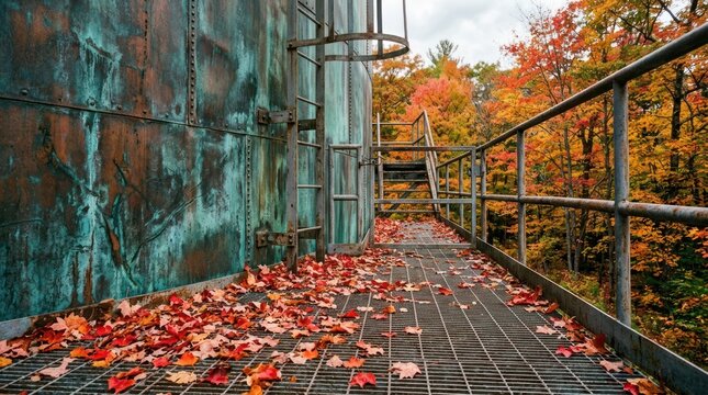 Metal platform with oxidized copper wall and red maple leaves