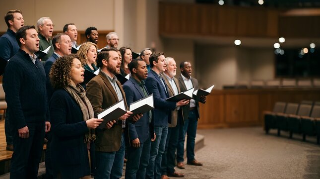 Group of diverse people singing together in a church choir holding music