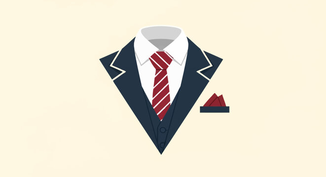 Flat vector illustration of a navy blue three-piece business suit featuring a waistcoat, white dress shirt, red striped necktie, and red pocket square on a cream background.