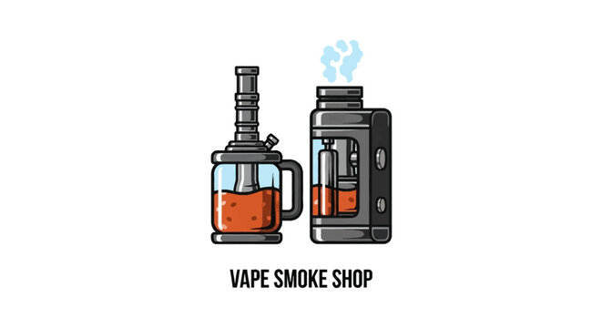 Vector illustration of a vape smoke shop logo featuring an electronic cigarette box mod and a stylized water pipe vaporizer with amber e-liquid and blue vapor clouds.