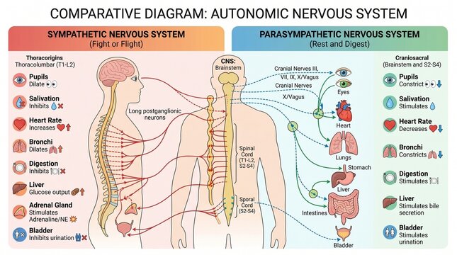 Comparative diagram showing the autonomic nervous system with the sympathetic and parasympathetic nervous systems