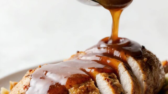 savory brown gravy pouring, flowing onto roast turkey and roasted vegetables, Christmas table setting