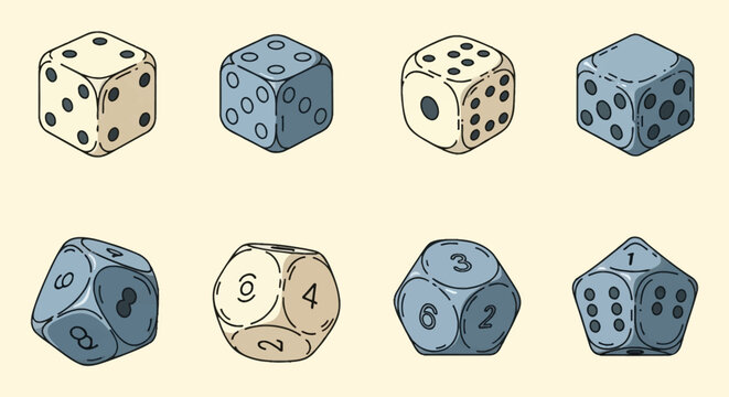 Vector illustration set of eight gaming dice featuring standard six-sided cubes and polyhedral shapes in cream and blue with pips and numbers, isolated on a pale yellow background.