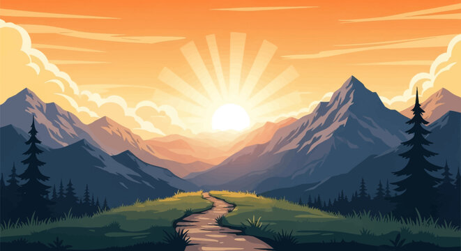 Vector landscape illustration of a sunrise over mountain peaks featuring a winding dirt path through a green meadow with silhouetted pine trees and sun rays in an orange sky.