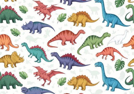Seamless vector repeat pattern featuring colorful cartoon dinosaurs including T-Rex, Stegosaurus, Triceratops, and Brachiosaurus with tropical monstera leaves on a white background.