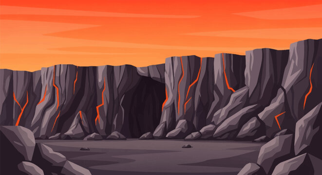 Vector illustration of a dark volcanic rock wall with glowing lava cracks and a central cave entrance under a bright orange sunset sky, suitable for game background design.