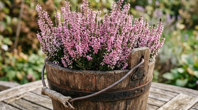 Close up of pink heather flowers in a rustic bucket