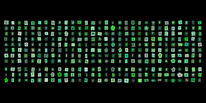 Alphabet und Zahlen im Erpresserbrief Stil, gruene ausgeschnittene Buchstaben fuer kreative Typografie und anonyme Nachrichten Designs