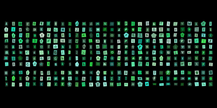 Erpresserbrief Buchstaben Set Gruen, ausgeschnittene Zeitungsbuchstaben fuer kreative Loesungen, Ransom Note Design Element fuer Grafik
