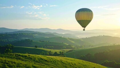 Naklejka premium Hot Air Balloon Soaring Over Lush Green Rolling Hills at Sunrise.