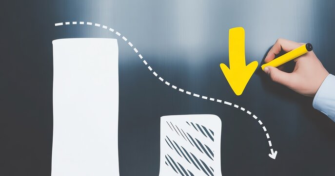 Hand drawing downward trending graph with yellow arrow on dark background, illustrating business decline