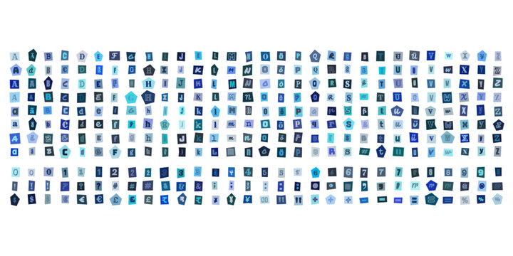 Buchstaben und Zahlen im Erpresserbrief Stil, ausgeschnittene Typografie Sammlung fuer kreative Collagen und Design Projekte