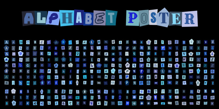 Alphabet Poster mit blauen Buchstaben und Zahlen im Erpresserbrief Stil fuer kreative Collagen und typografische Designs