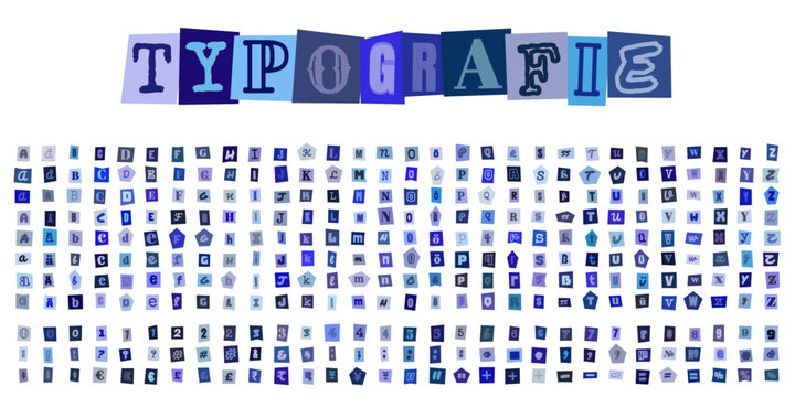 TYPOGRAFIE Buchstaben Set im Erpresserbrief Stil, ausgeschnittene blaue Papierzeichen fuer kreative Collagen und grafische Designs