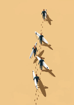 Aerial top-down minimalist vector illustration of five surfers in dark wetsuits walking across a sandy beach carrying white surfboards with visible footprints and long cast shadows