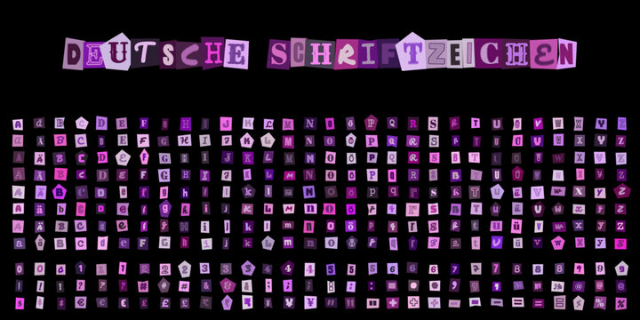 Deutsche Schriftzeichen, Erpresserbrief Alphabet im Collage Stil, ausgeschnittene Buchstaben und Zahlen f&uuml;r kreative Designs