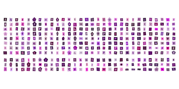 Erpresserbrief Buchstaben Set, ausgeschnittene lila Buchstaben und Zahlen fuer kreative Collagen und Designprojekte im Ransom Note Stil
