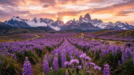 Obraz premium Vast purple flower field stretches toward majestic mountains at sunset
